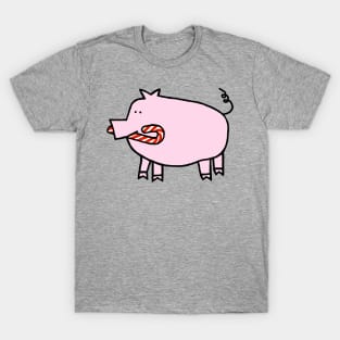 Cute Christmas Pig with Candy Cane in Mouth T-Shirt